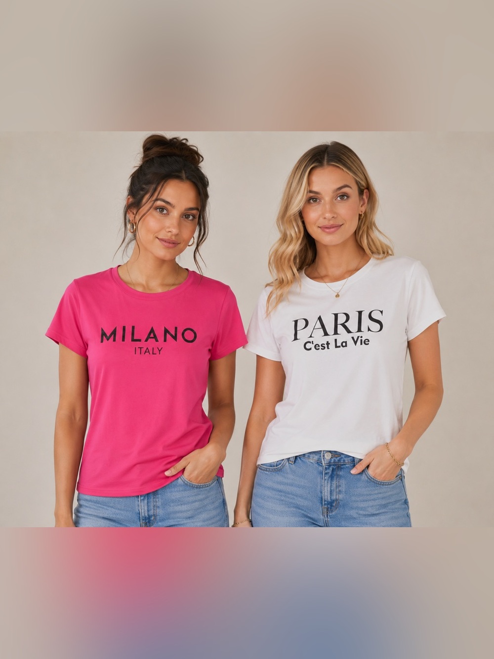 SHEIN Graphic Tee Bundle Paris C’est La Vie & Milano Italy Pink/White L NWOT A25